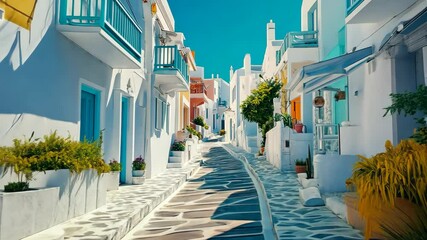 A vibrant street in Santorini with iconic white and blue architecture