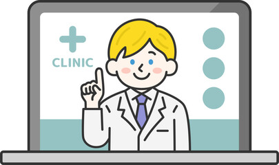 パソコンでオンライン診療する、白人の男性医師（線画カラー）のイラスト