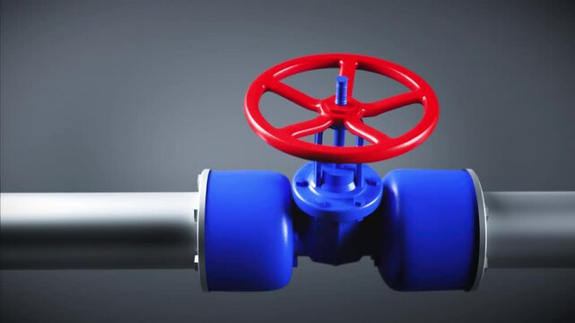 Industrial gas pipeline with red valve closing and opening on gray background