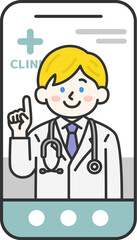 スマートフォンでオンライン診療する、聴診器をつけた、白人の男性医師（線画カラー）のイラスト