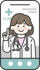 スマートフォンでオンライン診療する、聴診器をつけた、女性医師（線画カラー）のイラスト
