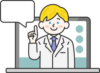 パソコンのオンライン診療で説明する、白人の男性医師（線画カラー）のイラスト