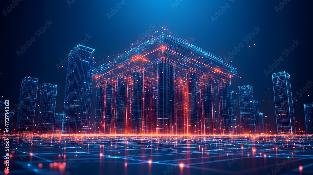 Leinwandbilder Futuristic wireframe cityscape featuring a central platform supported by glowing pillars. A complex digital network visualizes a smart city. Abstract wireframe in dark blue.