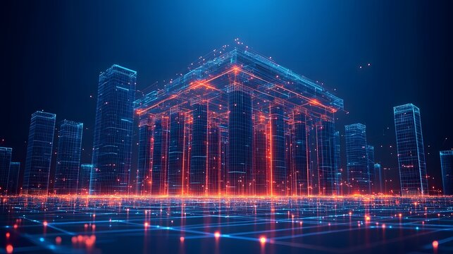 Futuristic wireframe cityscape featuring a central platform supported by glowing pillars. A complex digital network visualizes a smart city. Abstract wireframe in dark blue.