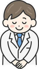 お辞儀をする、男性医師（線画カラー）のイラスト