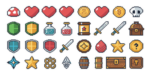 Retro Pixel Art Icons Pack: Health Hearts, Power-Ups, Coins, Swords, Shields, Potions, Keys, Chests