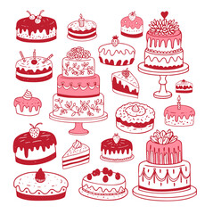 Hand Drawn Doodle Cake Vector Collection – Cute and Pretty Wedding Cakes, Birthday Cakes, Celebration Desserts, Whimsical Sweet Treats for Party, Sticker, and Bakery Design