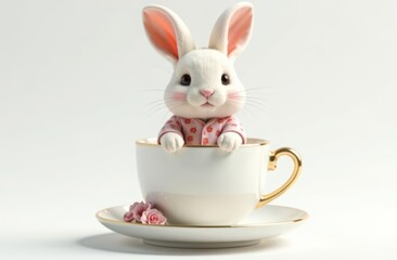 Adorable bunny in a white cup on white background