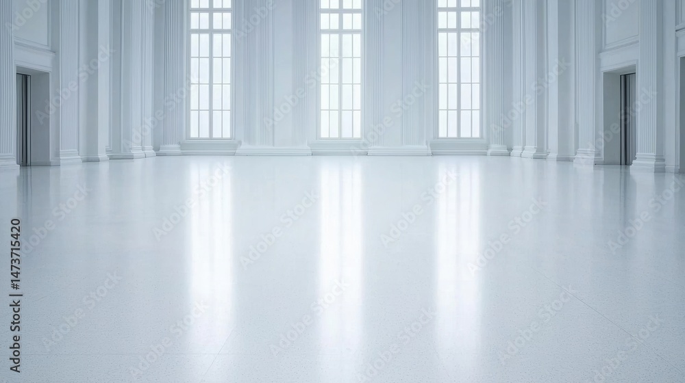 Poster a large white room with columns and windows.