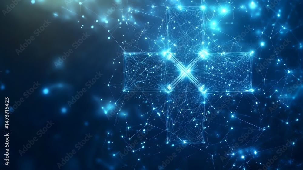 Poster luminous blue network on a dark background evokes modern technology and interconnected systems. perf