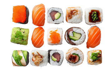 Various sushi rolls seen from above on a clean white background, vibrant and appetizing assortment.
