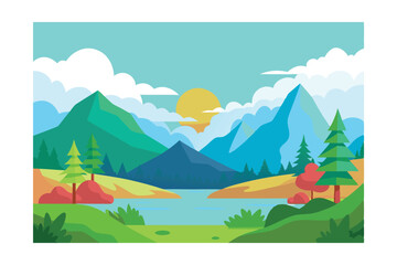 Obraz premium Beautiful Cartoon Fantasy Landscape with Sunset