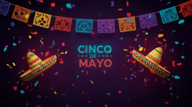 Cinco de Mayo banner with garland and sombrero hats. Festive mexican celebration background. Holiday vibrant graphic for invitation, card or poster template.