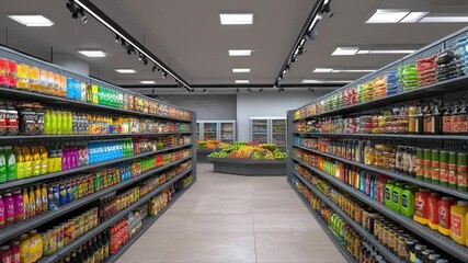 Bright clean store interior with fully stocked shelves of drinks and packaged goods, fresh produce section visible in background. Concept of consumer choice and retail