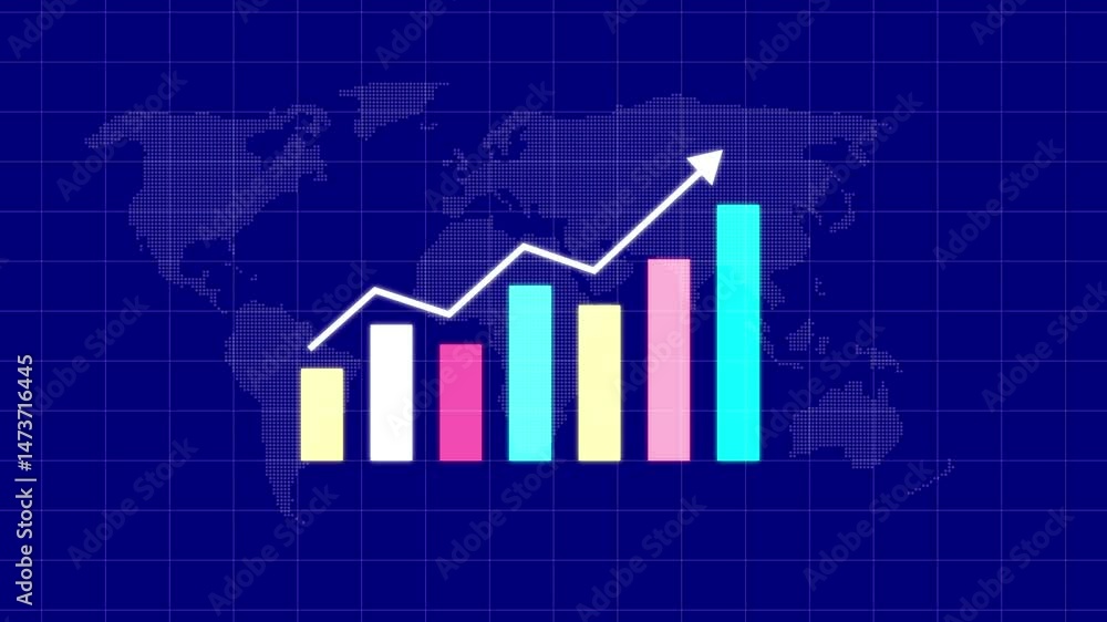 Poster animated business graph chart with upward trend on grid line and world map background. profit, busin