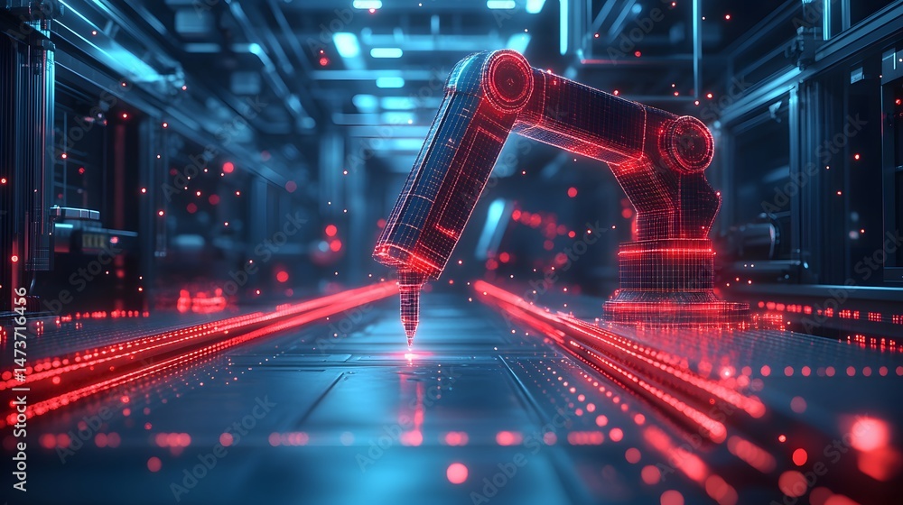 Leinwandbilder futuristic factory scene showcasing a wireframe robotic arm with glowing red accents over a metallic