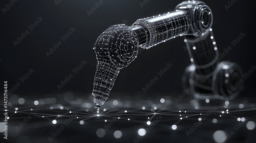 Leinwandbilder Robotic arm interacting with a glowing network. Symbolizes automation, data processing, and advanced technology. Perfect for AI, robotics, and future concepts. Abstract wireframe in dark blue