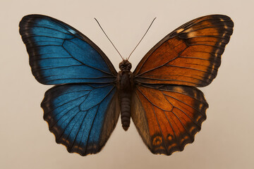 Obraz premium Vibrant Wings: A captivating close-up showcases the exquisite beauty of a butterfly with striking blue and orange wings, offering a vivid glimpse into the wonders of nature.