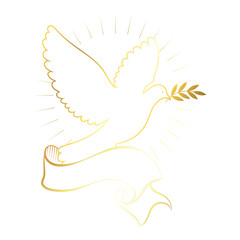 Flying golden dove of peace with branch and ribbon