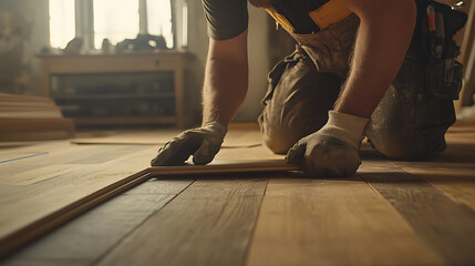 Worker Installing Wooden Flooring
