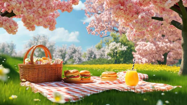 A nic scene for National nic Day, with a basket, blankets, and fresh sandwiches, all set in a blooming park