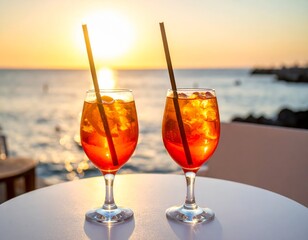 Two orange drinks with straws on white table by water, sunset casting warm glow over the horizon.