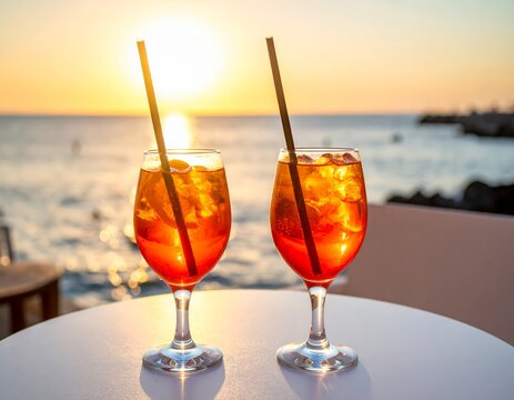 Two orange drinks with straws on white table by water, sunset casting warm glow over the horizon.