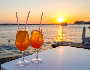 Two orange drinks with straws on white table by water, sunset casting warm glow over the horizon.