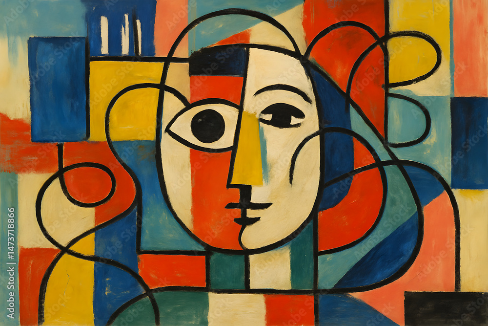 Poster abstract cubist portrait: an evocative exploration of form and color, this abstract portrait channel