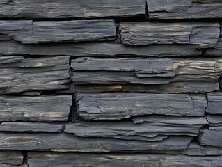 Dark gray stone wall with horizontal rectangular panels.  Close-up view of textured surface
