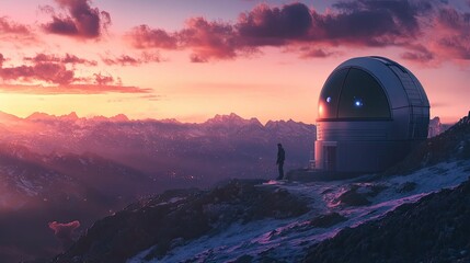 Obraz premium Sunset, mountains, observatory, lone figure, serene vista.