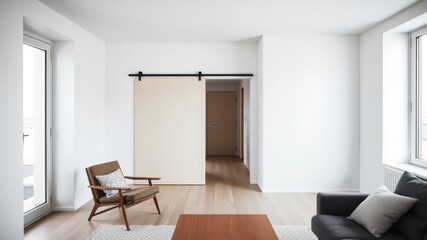 Fototapeta premium Modern Minimalist Apartment Interior with Sliding Barn Door