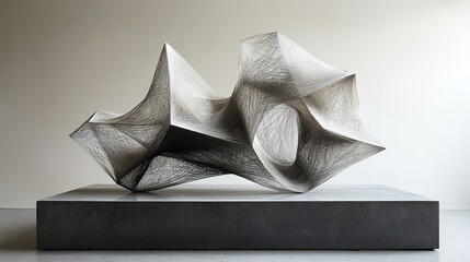 An abstract geometric sculpture made of interconnected metal rods, creating a sense of dynamism and spatial complexity through its linear structure