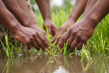 Hands of farmers planting rice together In style of wide-angle ground-level photography For community support campaigns, sustainability banners and agricultural cooperation themes in water reflection
