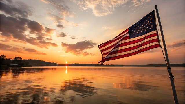 sunset over the american flag - Powered by Adobe