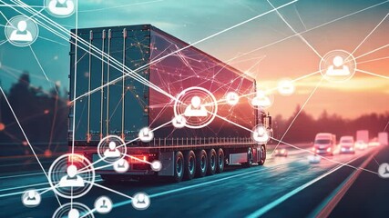 Connected Logistics: A modern semi-truck navigates a highway, seamlessly integrated into a network of digital connections, symbolizing the efficiency and interconnectedness of global transportation. - Powered by Adobe