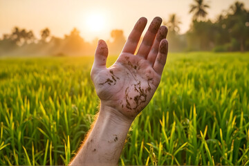 A cracked muddy hand raised to sun In style of emotional backlight portrait photography For CSR storytelling visuals, hardworking farmer tribute and rural strength themes with morning glow