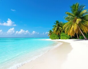 tropical paradise. white sand beach, azure blue sea, blue sky.