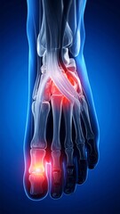Foot pain illustration featuring inflammation in the bones and joints with a transparent skin layer for medical visualization
