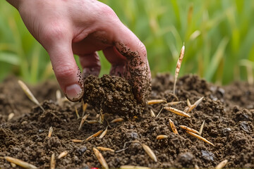 Hand scooping wet rice roots and soil In style of textured side-angle macro photography For social media campaigns, nature-focused posters and farming detail shots with clear ground textures