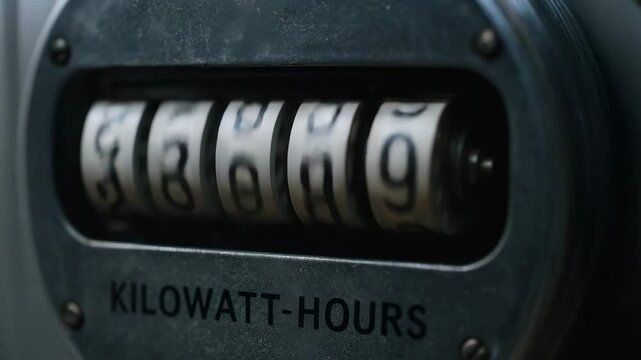 Electric meter close up with rotating dial numbers measuring energy consumption and power for utility tracking and usage monitoring