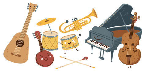 Whimsical Vector Art of Musical Instruments: Guitar, Piano, Drum, Trumpet, Violin with Smiling Faces
