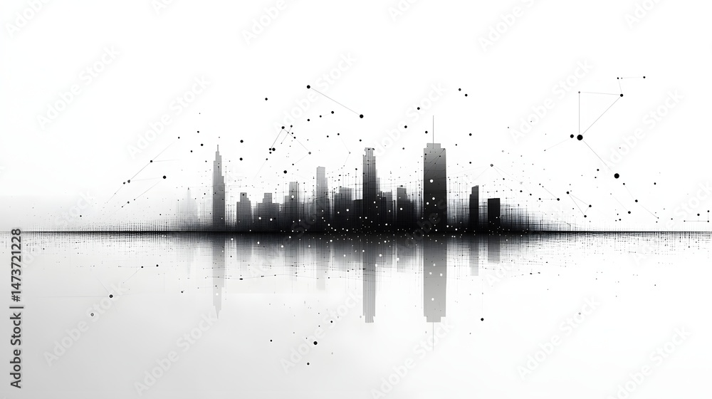 Aufkleber minimalist cityscape illustration featuring a modern skyline reflected below, with a celestial netwo