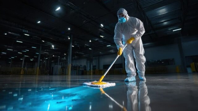 Sanitization Operation: A dedicated worker, clad in protective gear, meticulously mops a polished industrial floor, embodying diligence and hygiene in a controlled environment. 