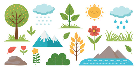 Vibrant Flat Geometric Vector Illustrations of Nature Elements: Tree, Flower, Cloud, Sun, and More