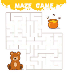Maze game with cheerful cartoon brown little bear, a pot with honey and bees, easy game for children