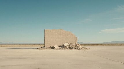A crumbling brick wall in a desert landscape.