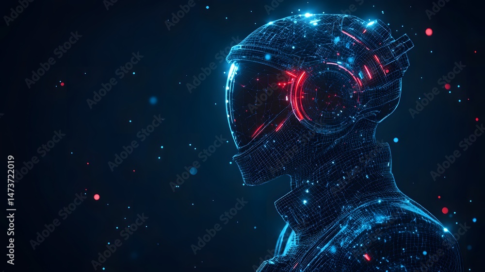 Aufkleber futuristic digital rendering of a spacesuit, presented as a glowing blue wireframe on a dark blue ba