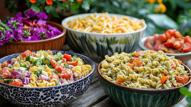 A set of colorful ceramic dishes filled with a variety of pasta salads for a nic