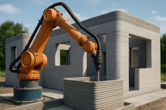 Automated Construction: An innovative robot meticulously constructs a modern home, showcasing the cutting-edge technology and efficiency of 3D printing in the construction industry.